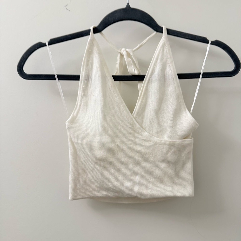 Pull&Bear Cream Ribbed Halter Crop Top